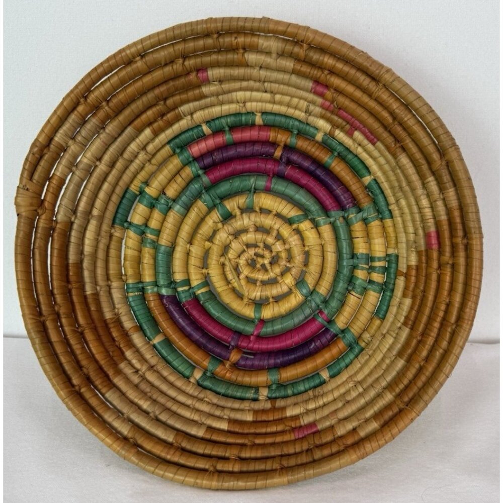 Hand Woven Coiled Basket 9" Round Southwestern‎ Tribal Boho Chic Geometric #5